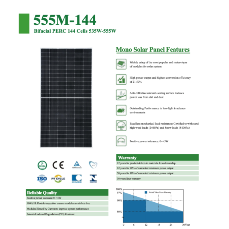 550W Bifacial PERC P Type Mono Solar Panel Double Glass