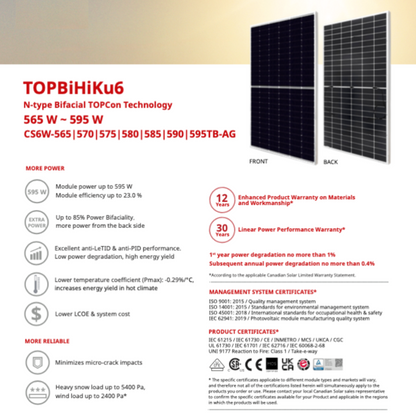 CanadianSolar 580W N Type Bifacial Double Glass Solar Panel