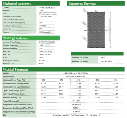 580W N Type Bifacial Mono Solar Panel Double Glass